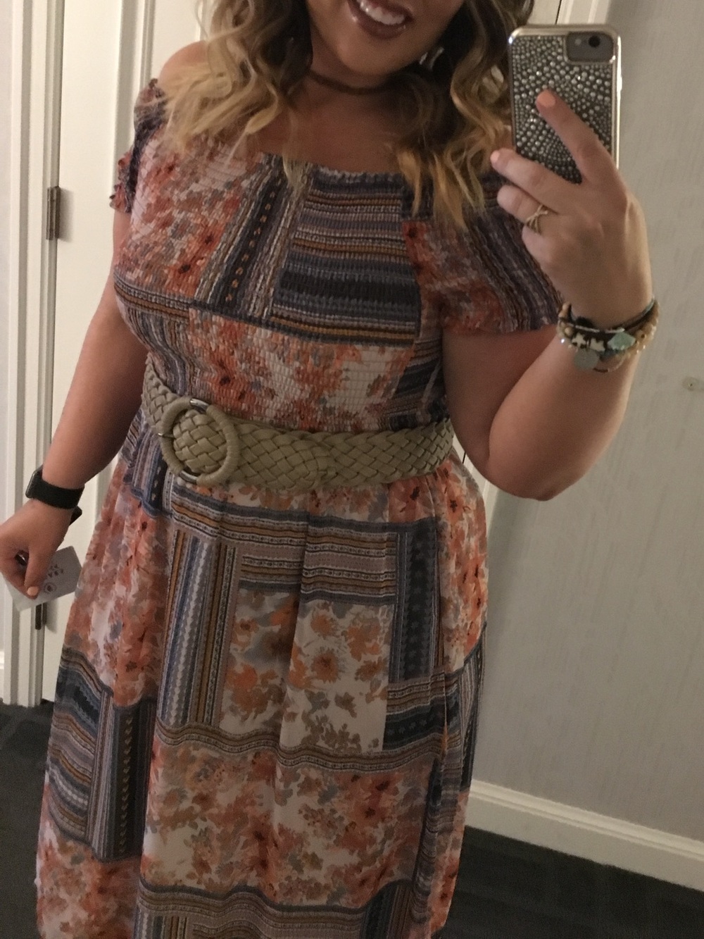 XHILARATION Patchwork Orange and Blue Smocked Off Shoulder Midi Dress - Large